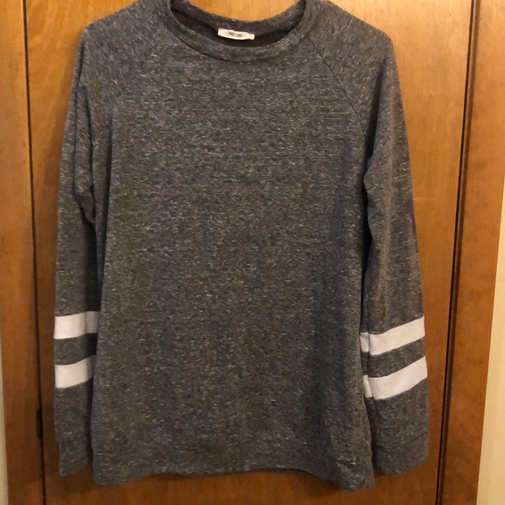 Marled grey sweatshirt with white stripes on arms
